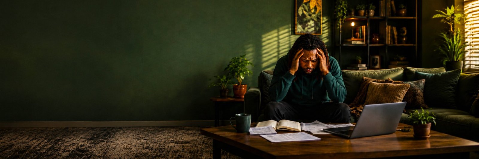 Adult sitting at a desk looking thoughtful, representing the experience of undiagnosed ADHD in adulthood